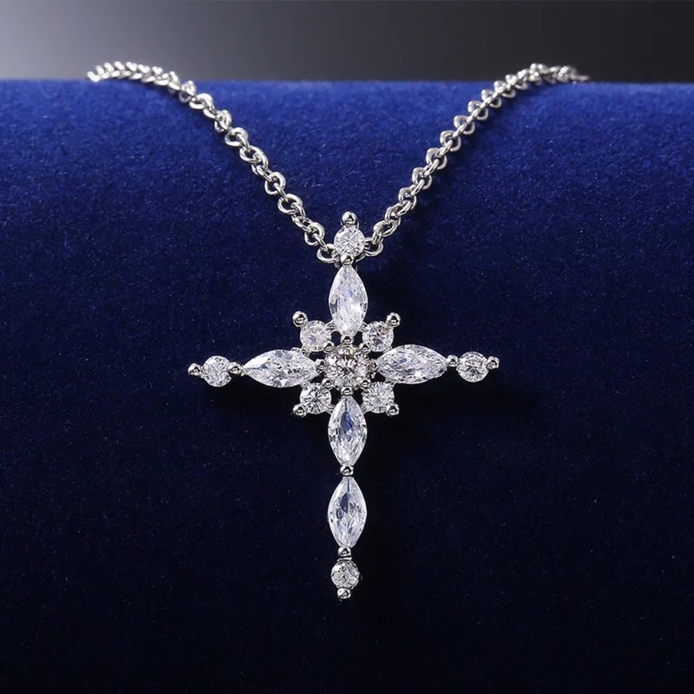 New Silver Cross Crystal Stone Necklace